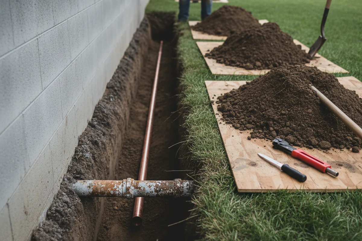 Excavated water line trench during Water Softener Installation in Uxbridge